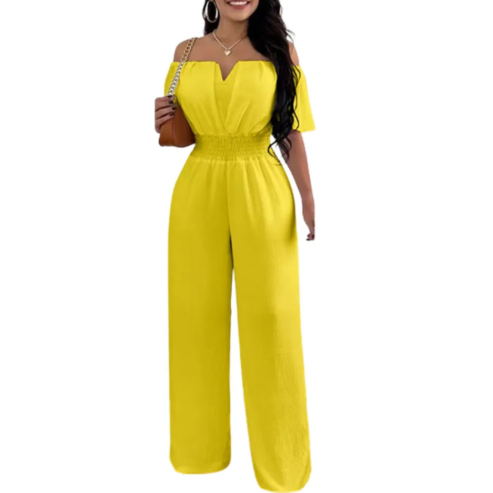 Lady Print High Waist Off Shoulder Wide Leg Pants Jumpsuit