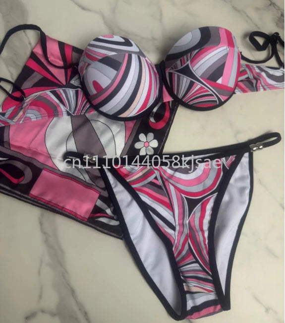 Red Scarf Letter Headband Signature Logo Bikini Sets