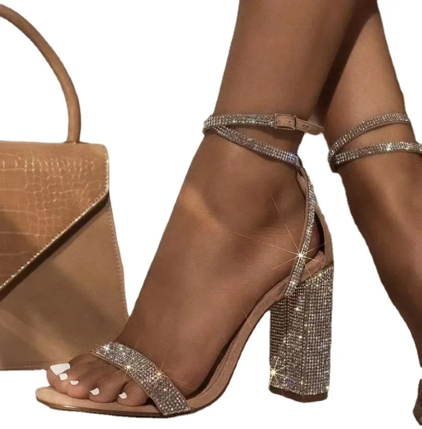 Transparent Rhinestone Block Heel Sandals