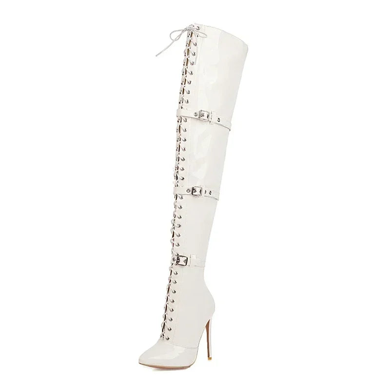 Patent Leather Thin Cross Tied Over The Knee Boots