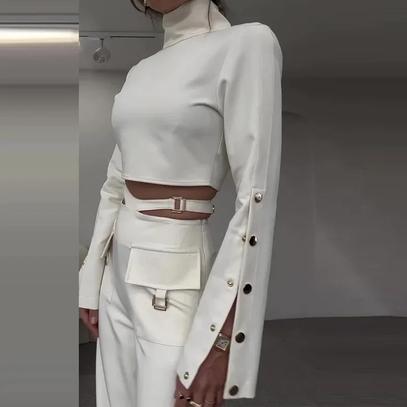 Full Sleeve Turtleneck Top Wide Leg Long Pants Set