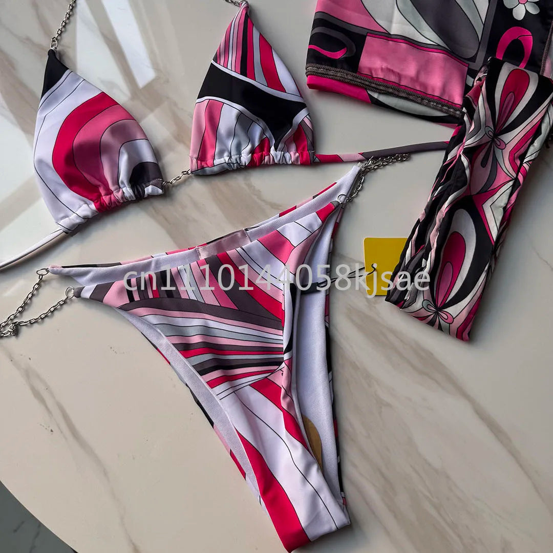 Red Scarf Letter Headband Signature Logo Bikini Sets