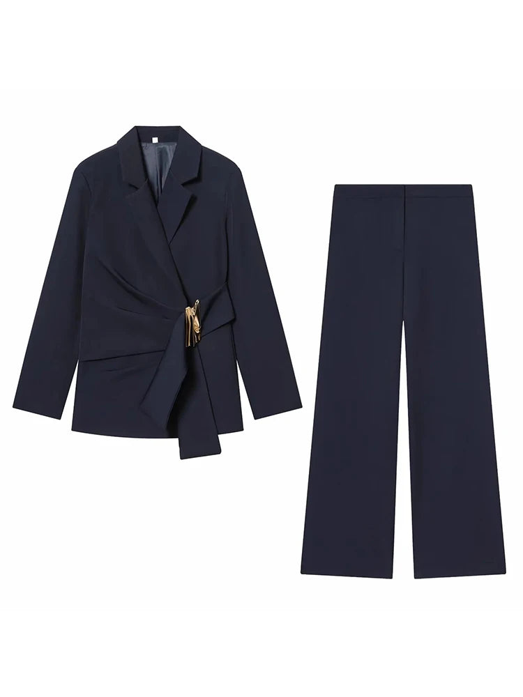 Two-Piece Set Buckle Decoration Suit Pants & Long Sleeve Blazer Coat