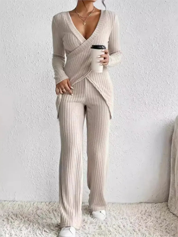 V Neck Slim Cross Tops+High Waist Pants Set