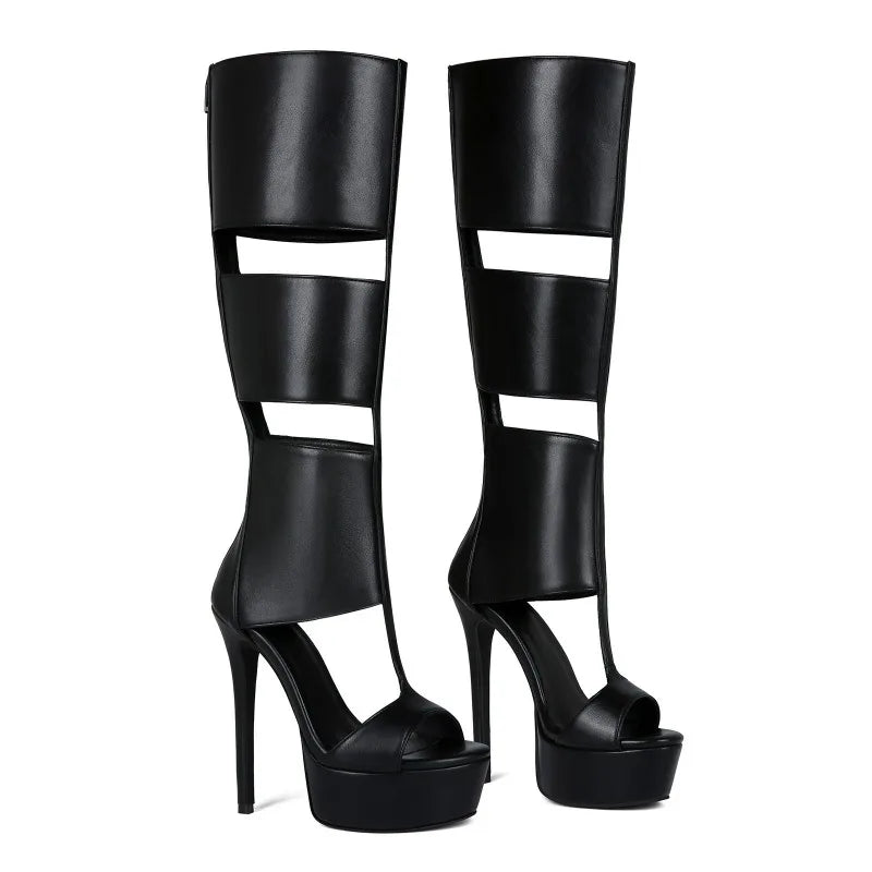 Belted Peep Toe Black Gladiator Stiletto Boots