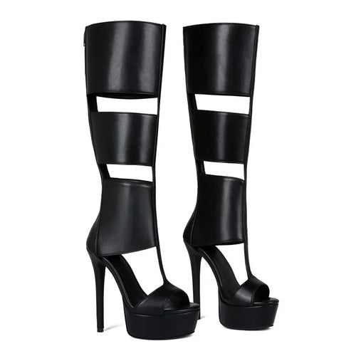 Belted Peep Toe Black Gladiator Stiletto Boots