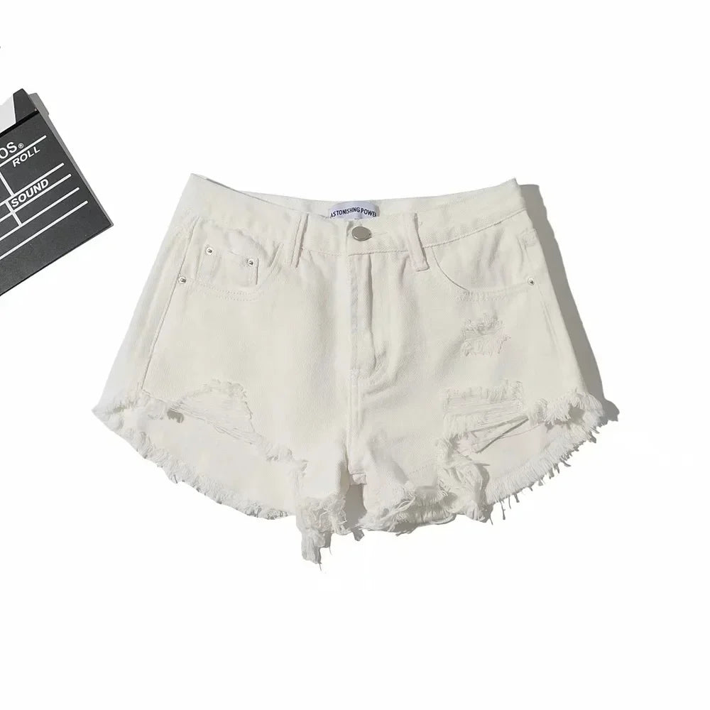 Denim Washed High Waist Hole Spliced Shorts