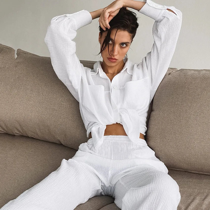 Full Sleeve Single Breasted Wide Leg Pants Pajama Set