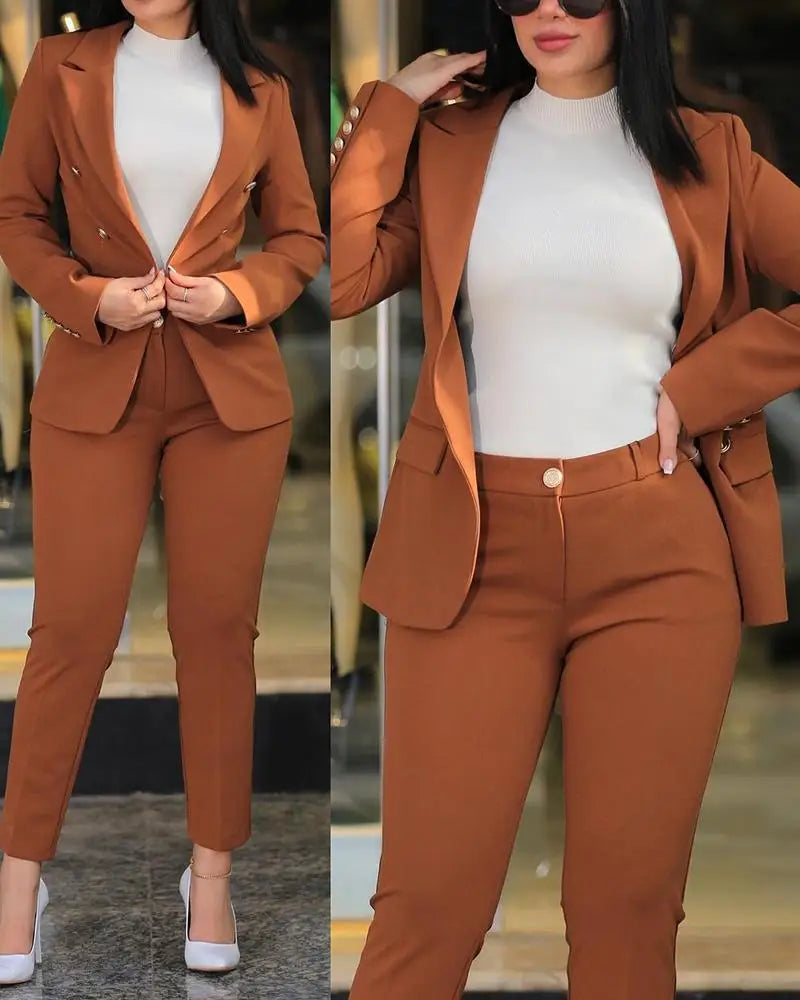 Notched Neck Long Sleeve Blazer & Elegant High Waist Work Pants Set