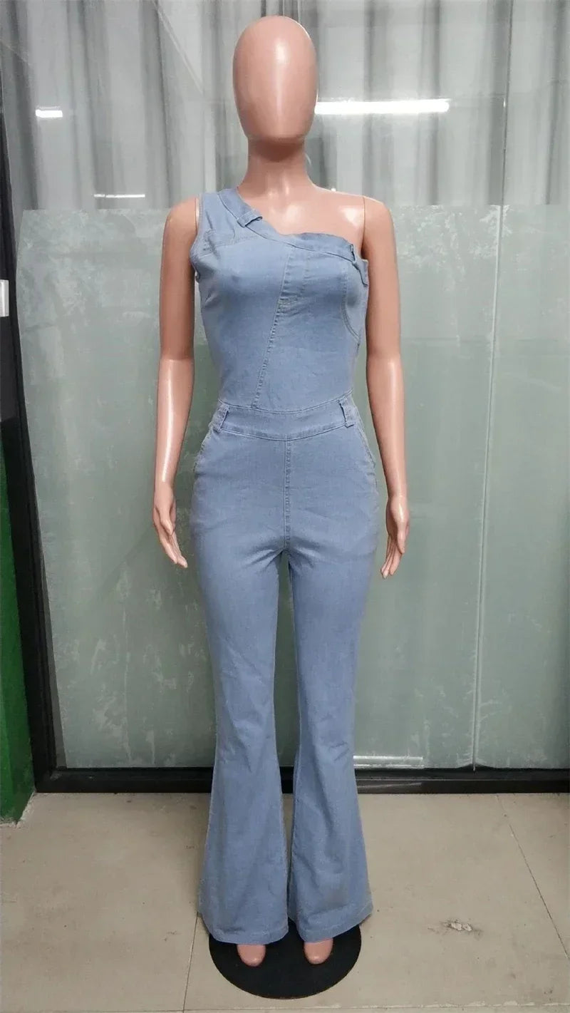One Shoulder Denim Flare Playsuit