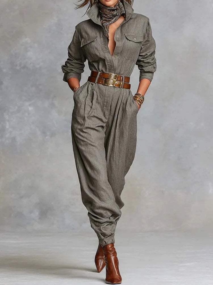 Retro Turn Down Collar Pocket Cargo Jumpsuits