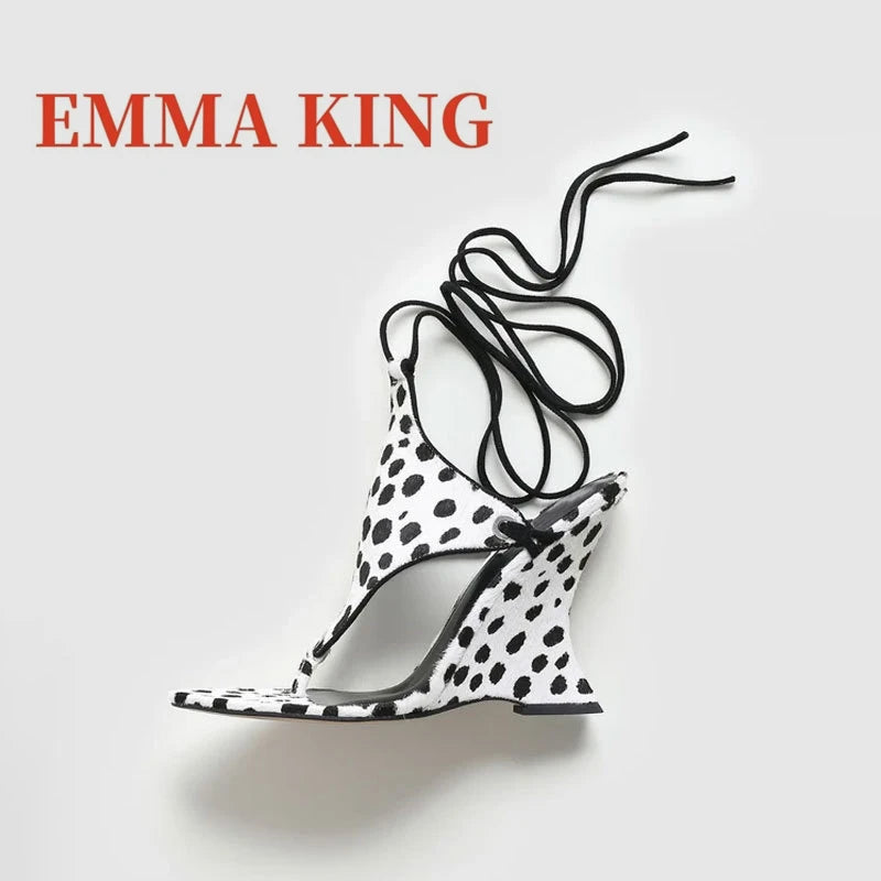 Open Toe Ankle Strappy Polka Dot Wedge Heels