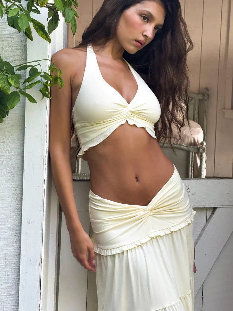 V Neck Pleated Hem Halter & Low Waist Slim Fit Long Skirt