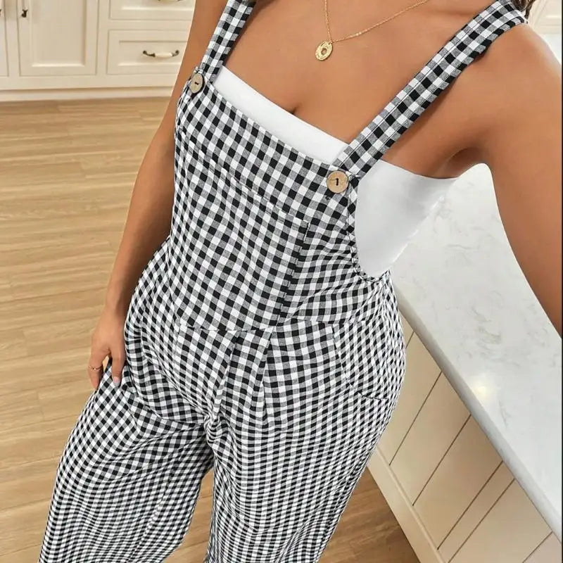 Plaid Pattern Lightweight Elastic Maternity Overalls