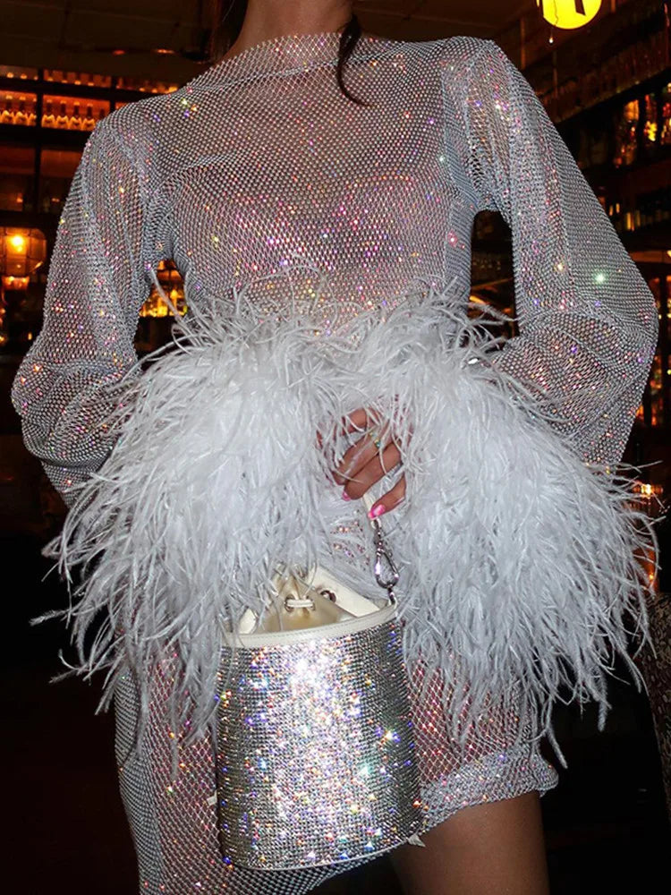 Long Sleeve Tassels See-Through Fishnet Dress