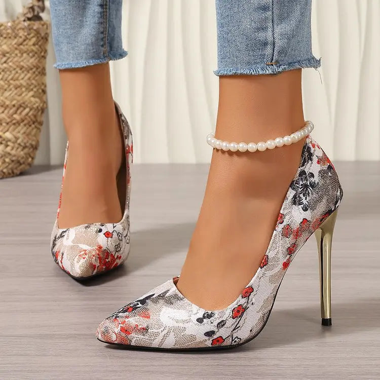 Flower Embroidered Pointed Toe High Heels