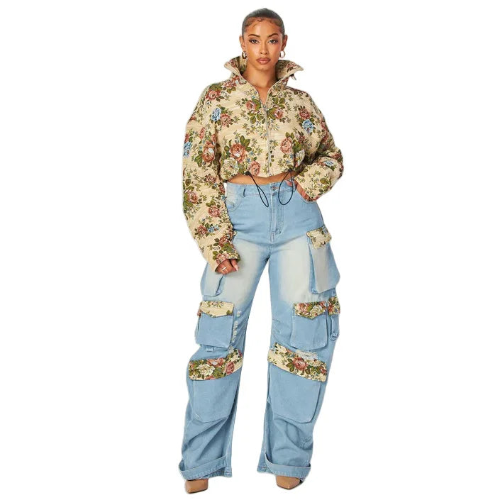 Printed Matching High Waist Straight Jeans Single Breasted Turn Down Collar Set