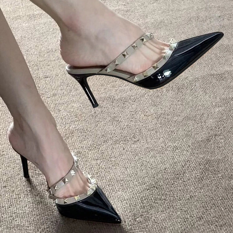 Nude Studded Pointed Toe Single Strap Half-Slippers