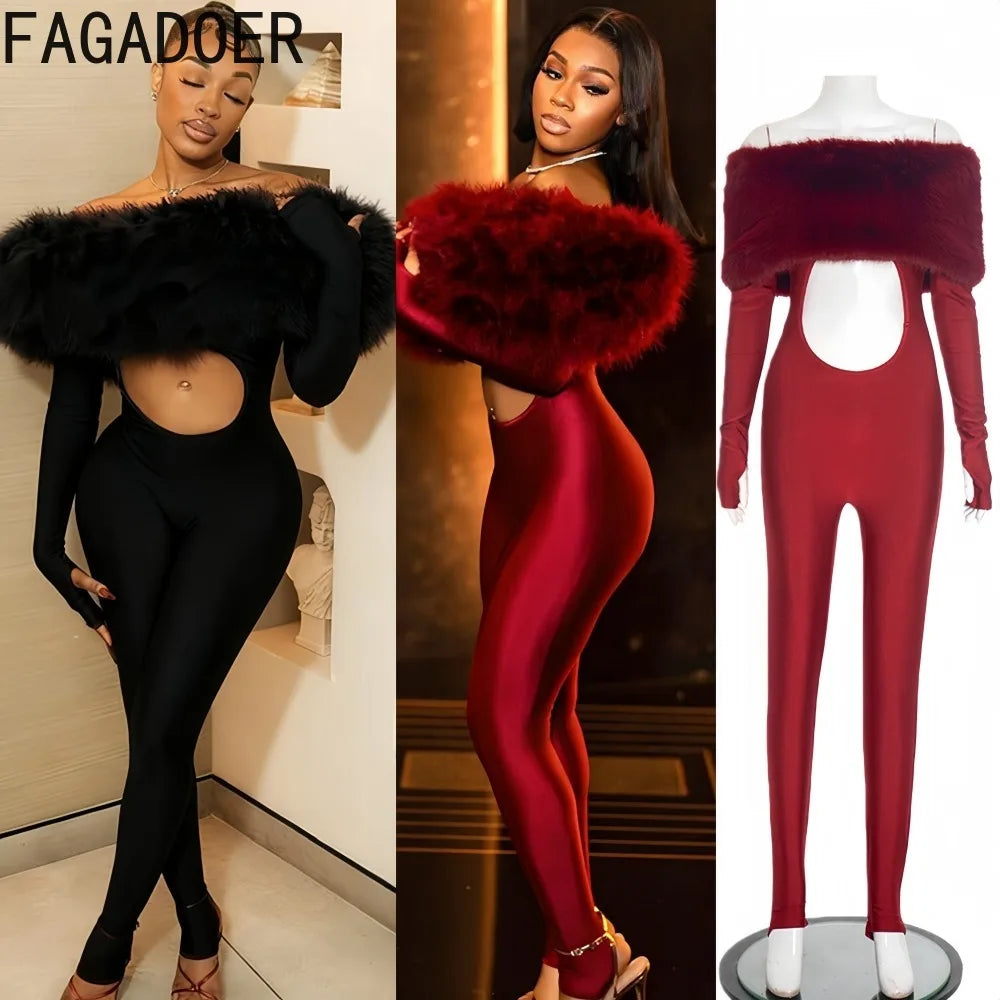 Off Shoulder Fur Hollow-out Bodycon Jumpsuit