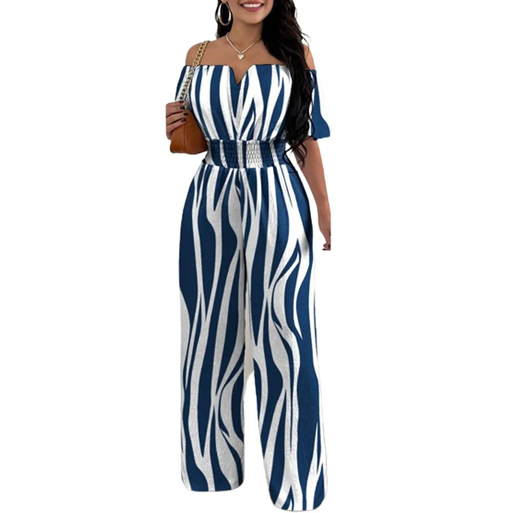 Lady Print High Waist Off Shoulder Wide Leg Pants Jumpsuit