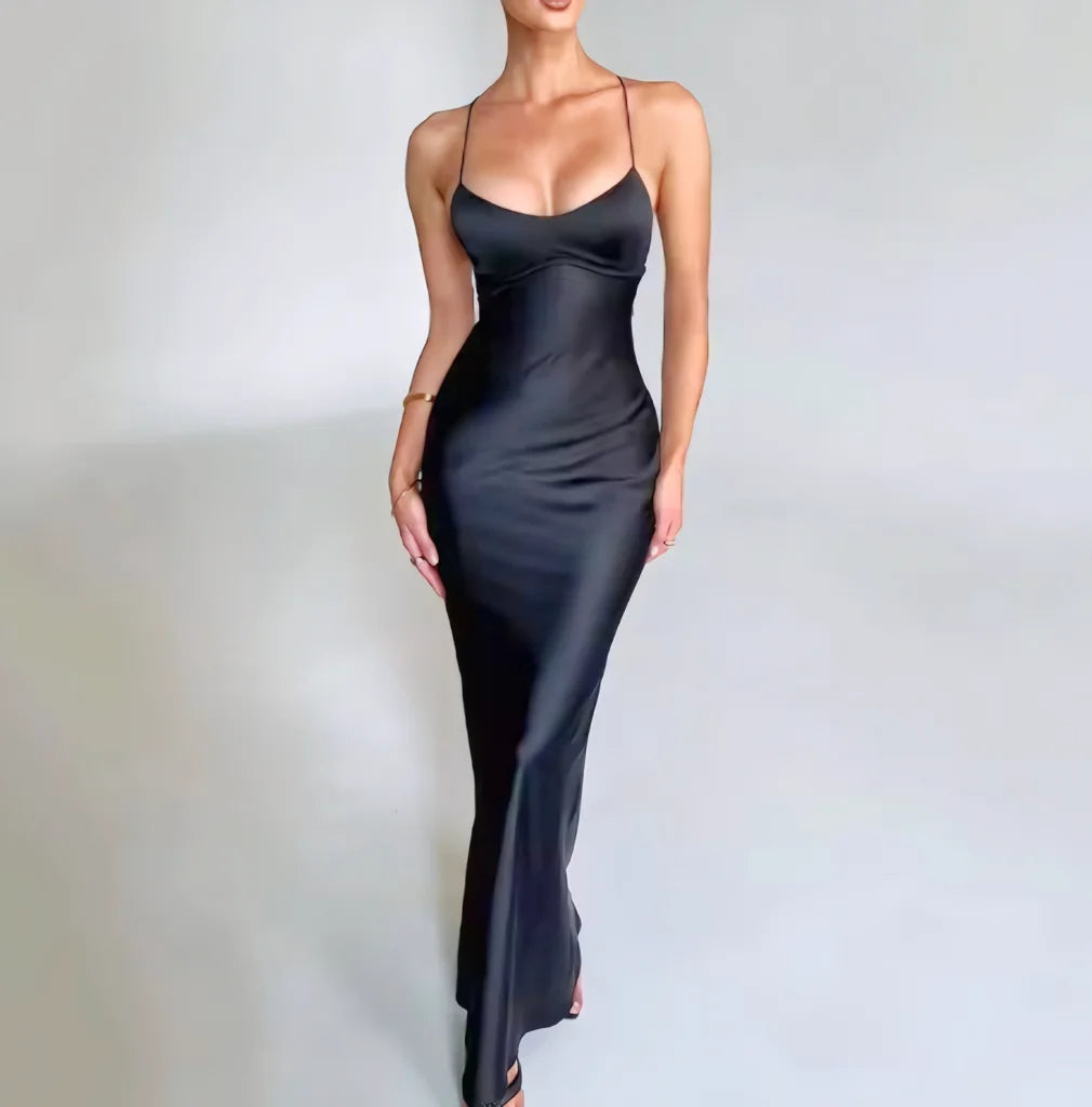 Cinched Waist Halter Satin Backless Long Dress