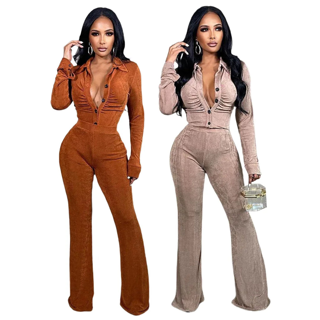 Button Turn Down Collar Top Elastic Waist Full Length Pants