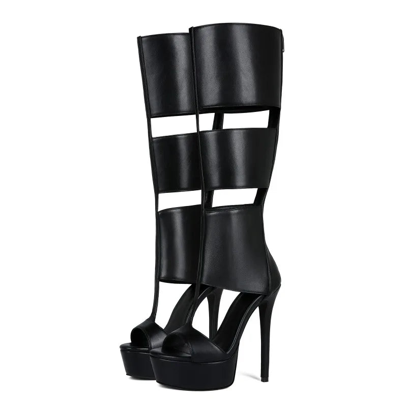 Belted Peep Toe Black Gladiator Stiletto Boots