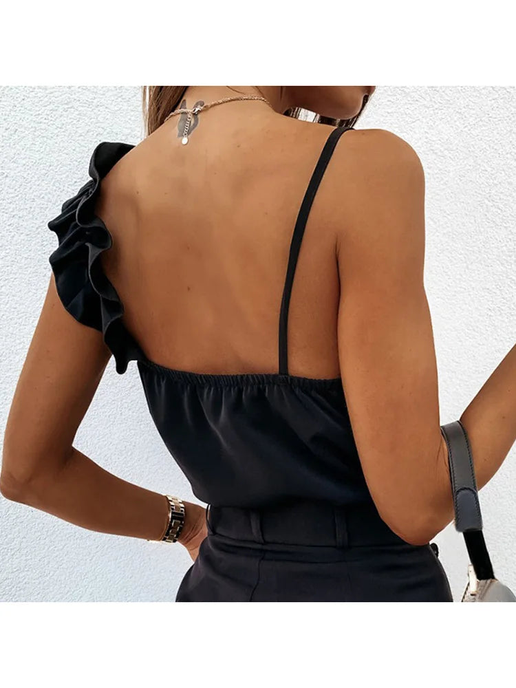 Sexy V Neck Spaghetti Strap Ruffle Backless Blouse