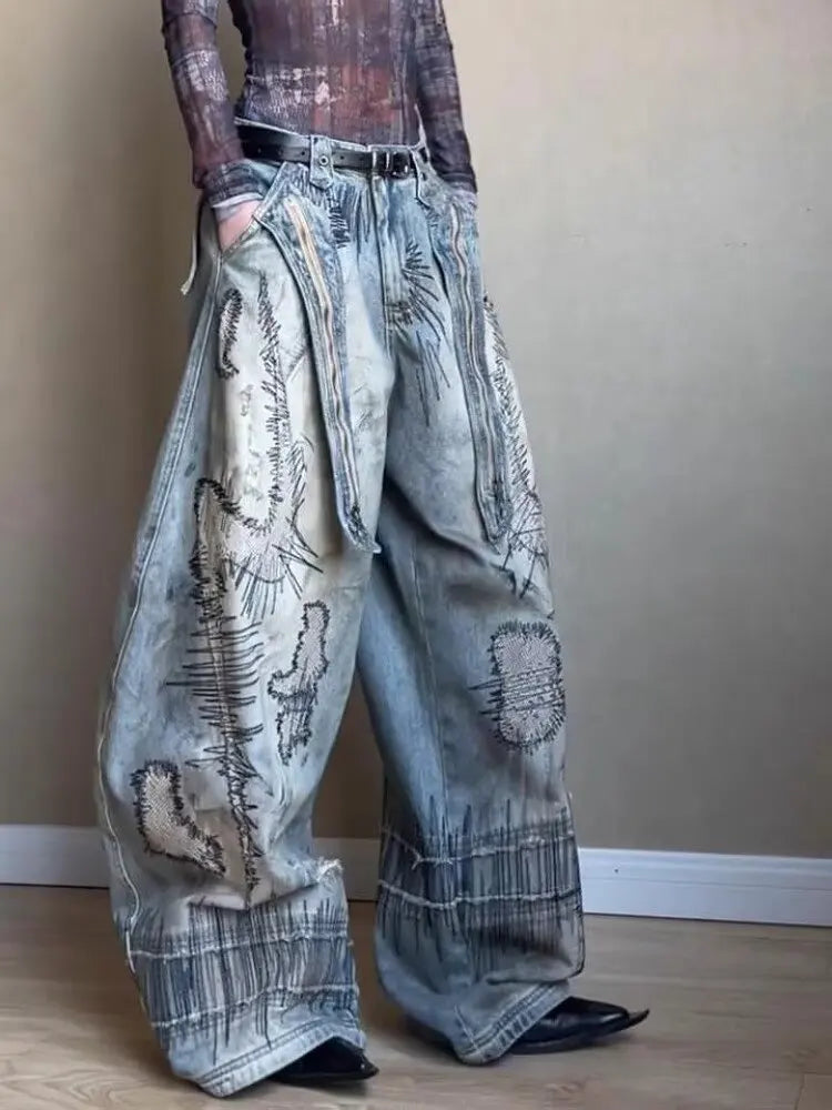 Street Distressed  Wide  Curved Leg Baggy Jeans