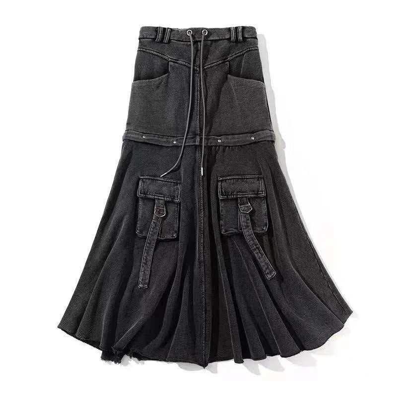 Two Way Detachable Hem Zipper Connection Black Denim Skirt