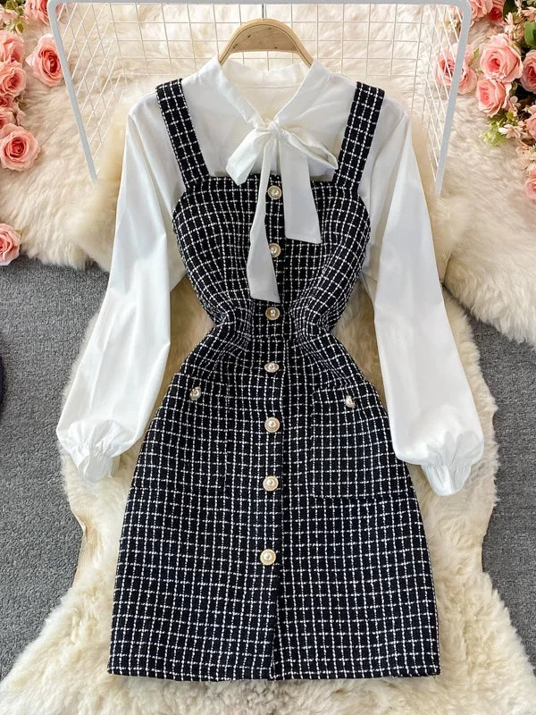 Bowtied Collar White Blouse Mini Tweed Dress
