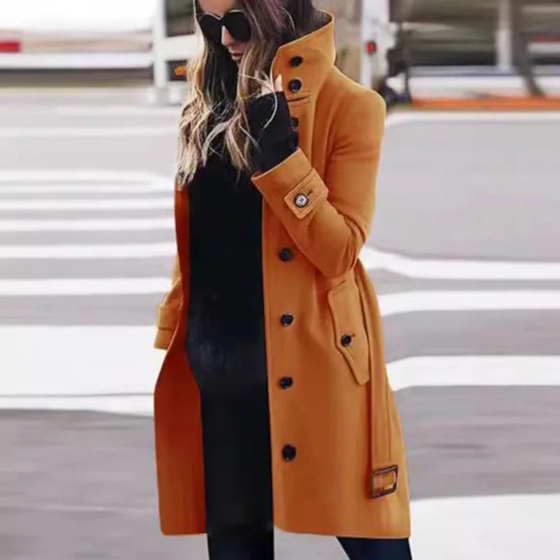 Woolen Winter Single Breasted Turn-down Collar Long Jacket