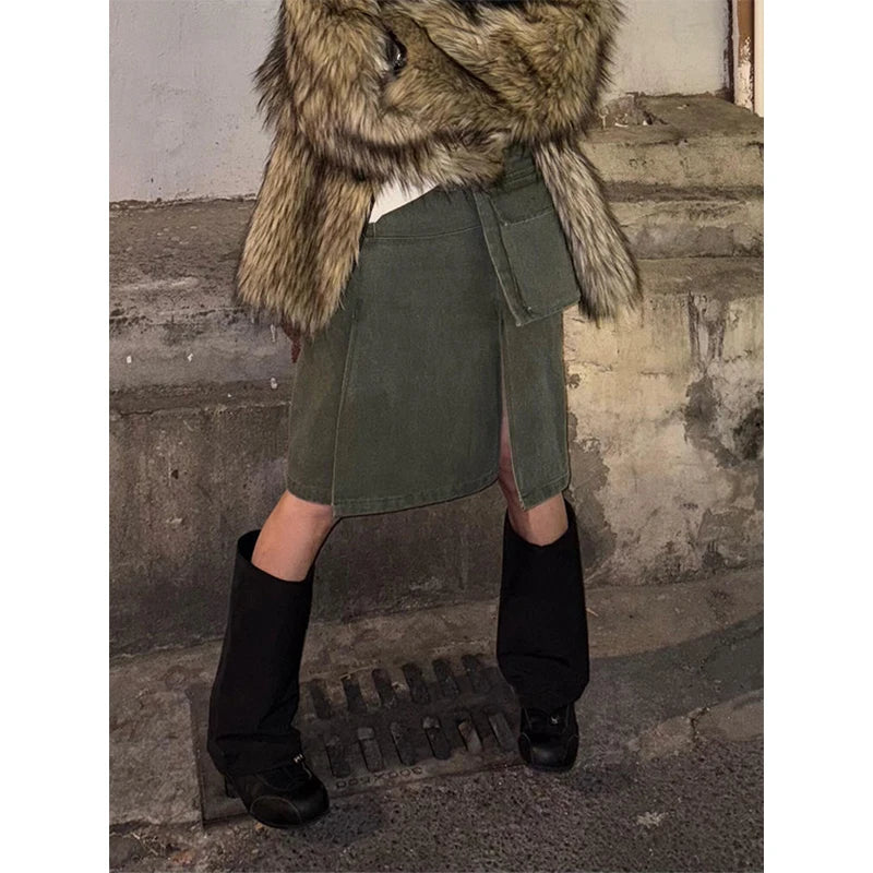 Gyaru Harajuku Grunge Split Asymmetrical Cargo Mini Skirt