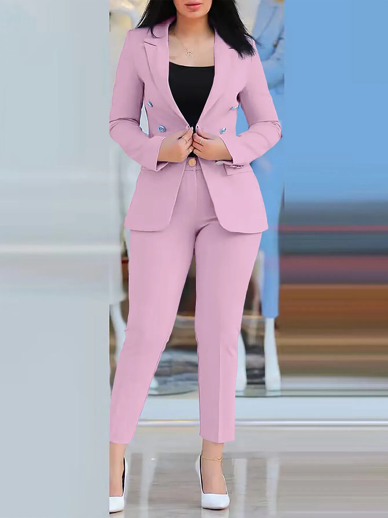 Notched Neck Long Sleeve Blazer & Elegant High Waist Work Pants Set
