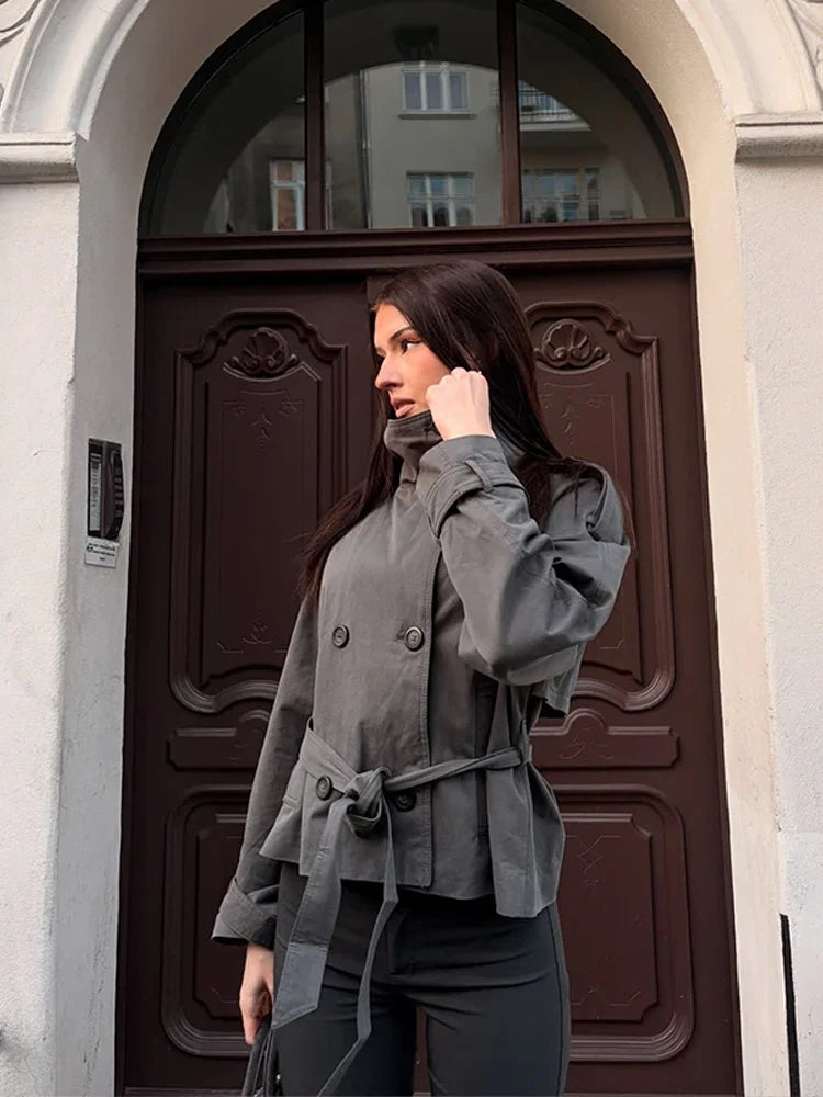 Double Breasted Self-Tie Cropped Trench Coat