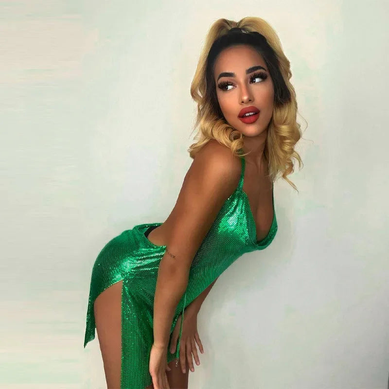 Elegant Sequin Backless Short Dress with Hanging Neck