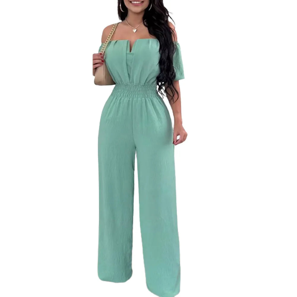 Lady Print High Waist Off Shoulder Wide Leg Pants Jumpsuit