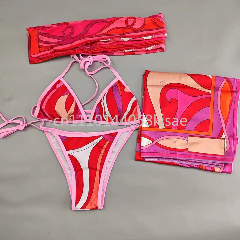 Red Scarf Letter Headband Signature Logo Bikini Sets