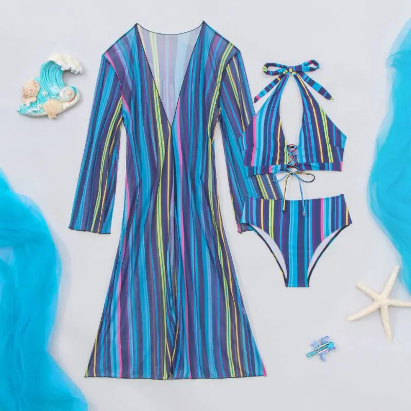 Cikini Striped Three Piece Bathing Suit With Cover Up