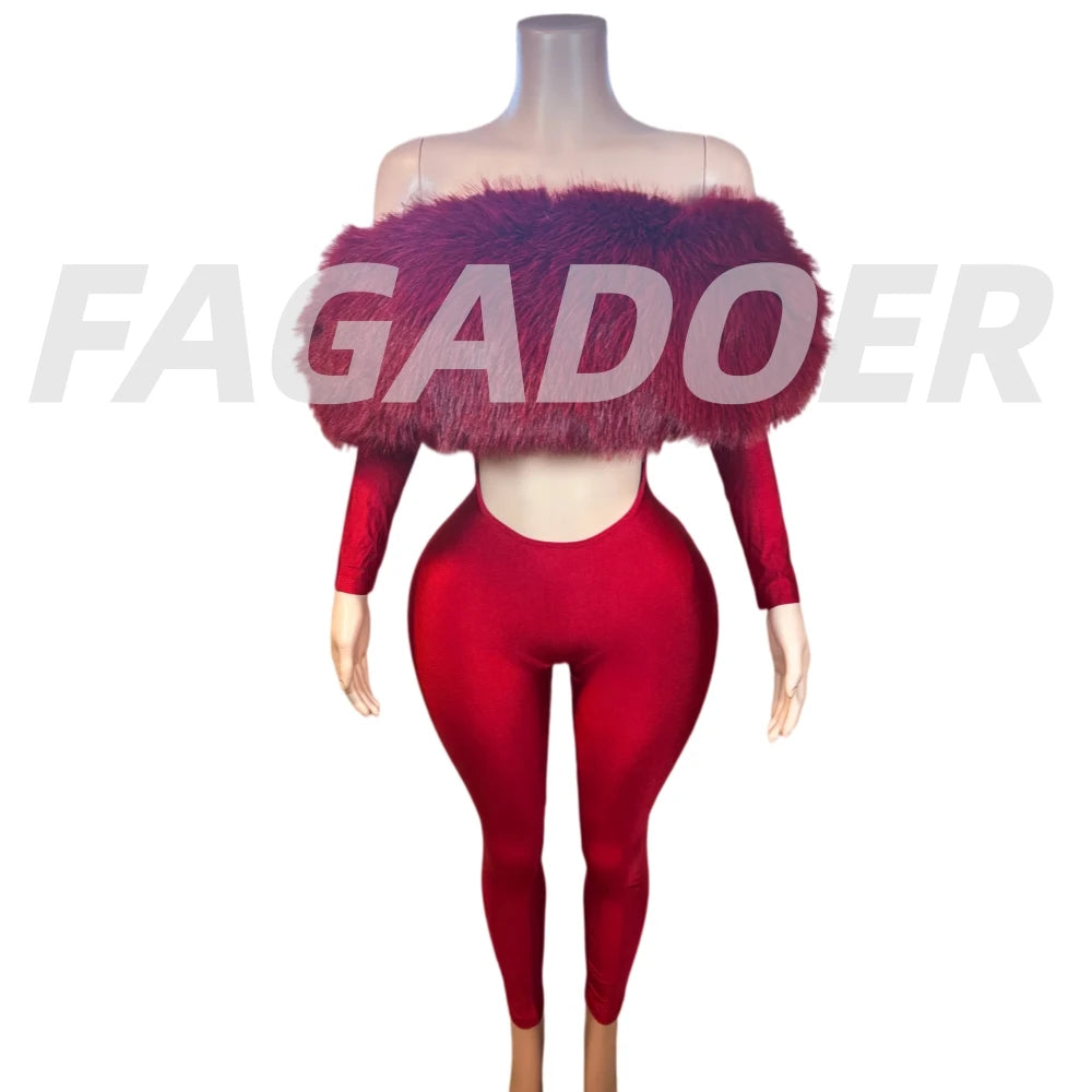 Off Shoulder Fur Hollow-out Bodycon Jumpsuit