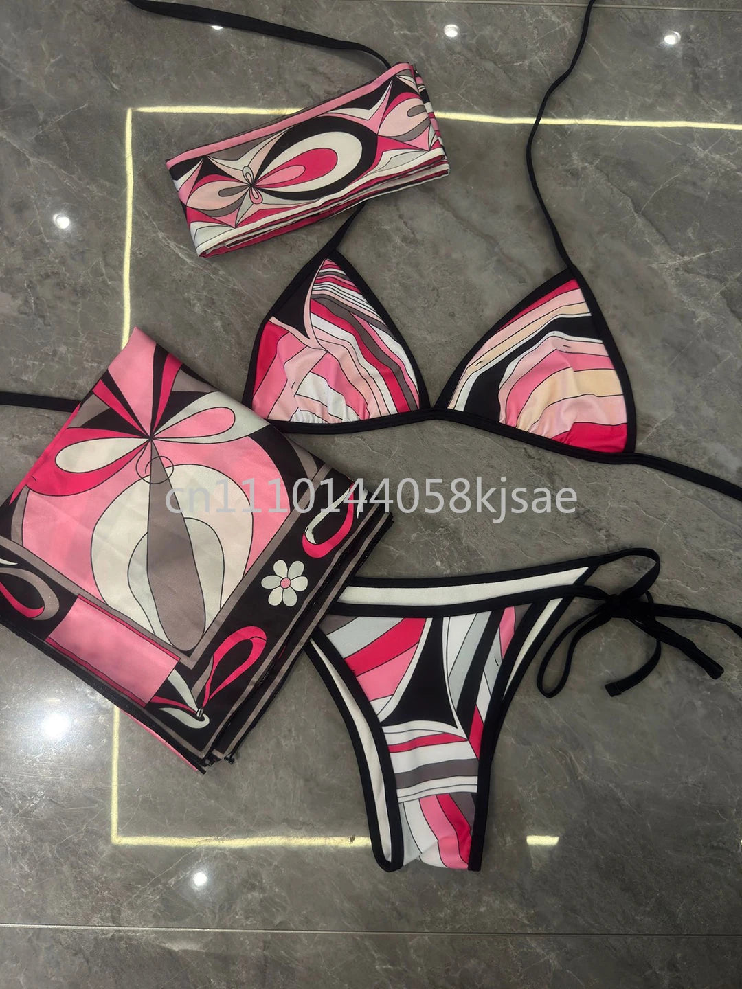 Red Scarf Letter Headband Signature Logo Bikini Sets