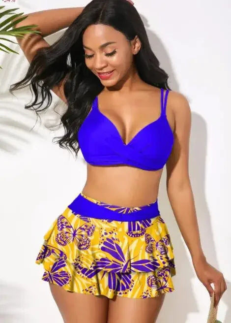 Ruffled Maple Gradient Beach Print Push Up Skirt Swimsuit