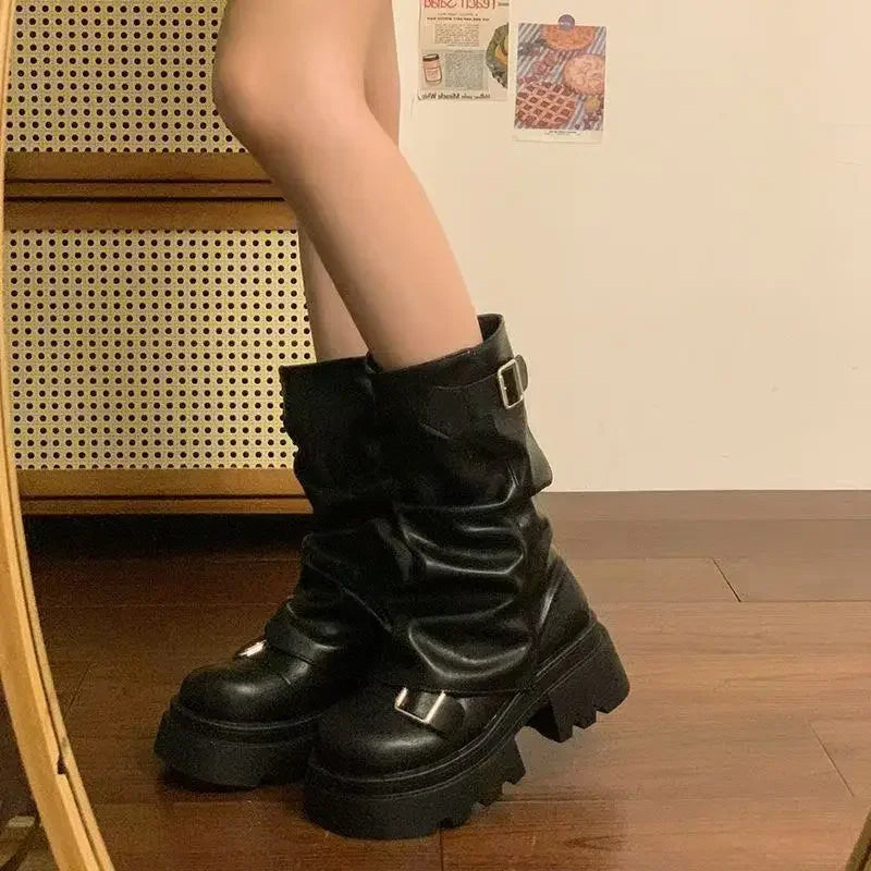 Mid-Calf Belt Buckle Square Platform Modern Boots