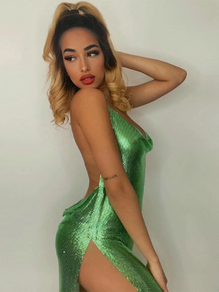 Elegant Sequin Backless Short Dress with Hanging Neck