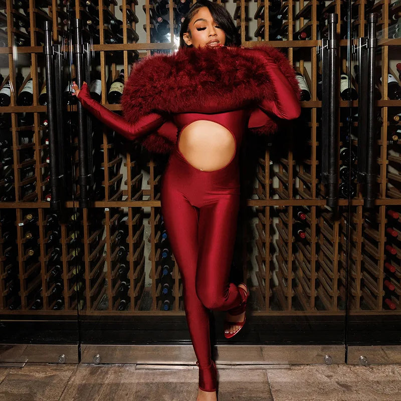 Off Shoulder Fur Hollow-out Bodycon Jumpsuit