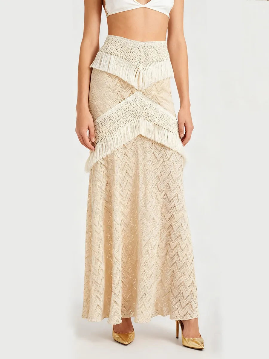 TWOTWINSTYLE Solid Slimming Sheer Spliced Tassel Knit Skirt