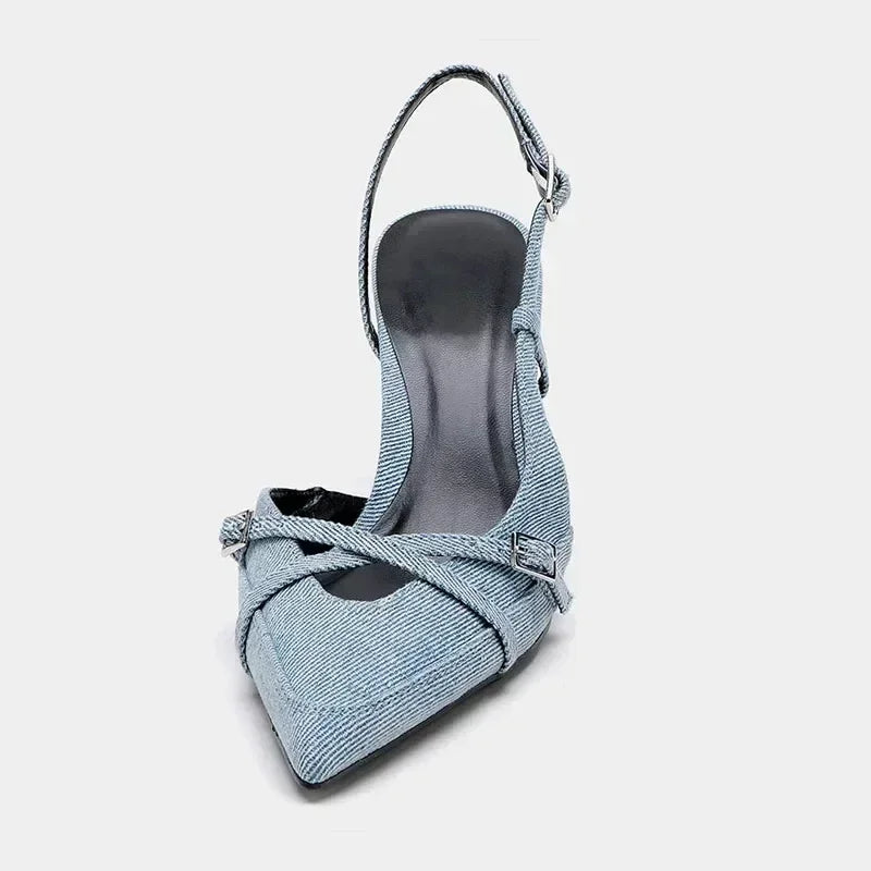 Sexy Pointed Toe High Heel Sandals for Lady Blue Denim Stilettos Fashion Buckle Strap Elegant Women's Shoes 2025 Summer Footwear