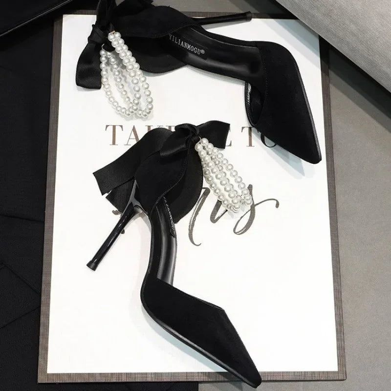 String Bead Pearl Pointed Toe High Heels