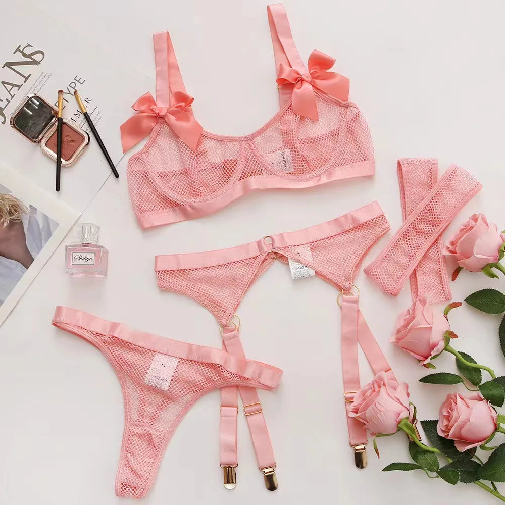 3-Piece Mesh Bra+Thongs+Garter Lingerie