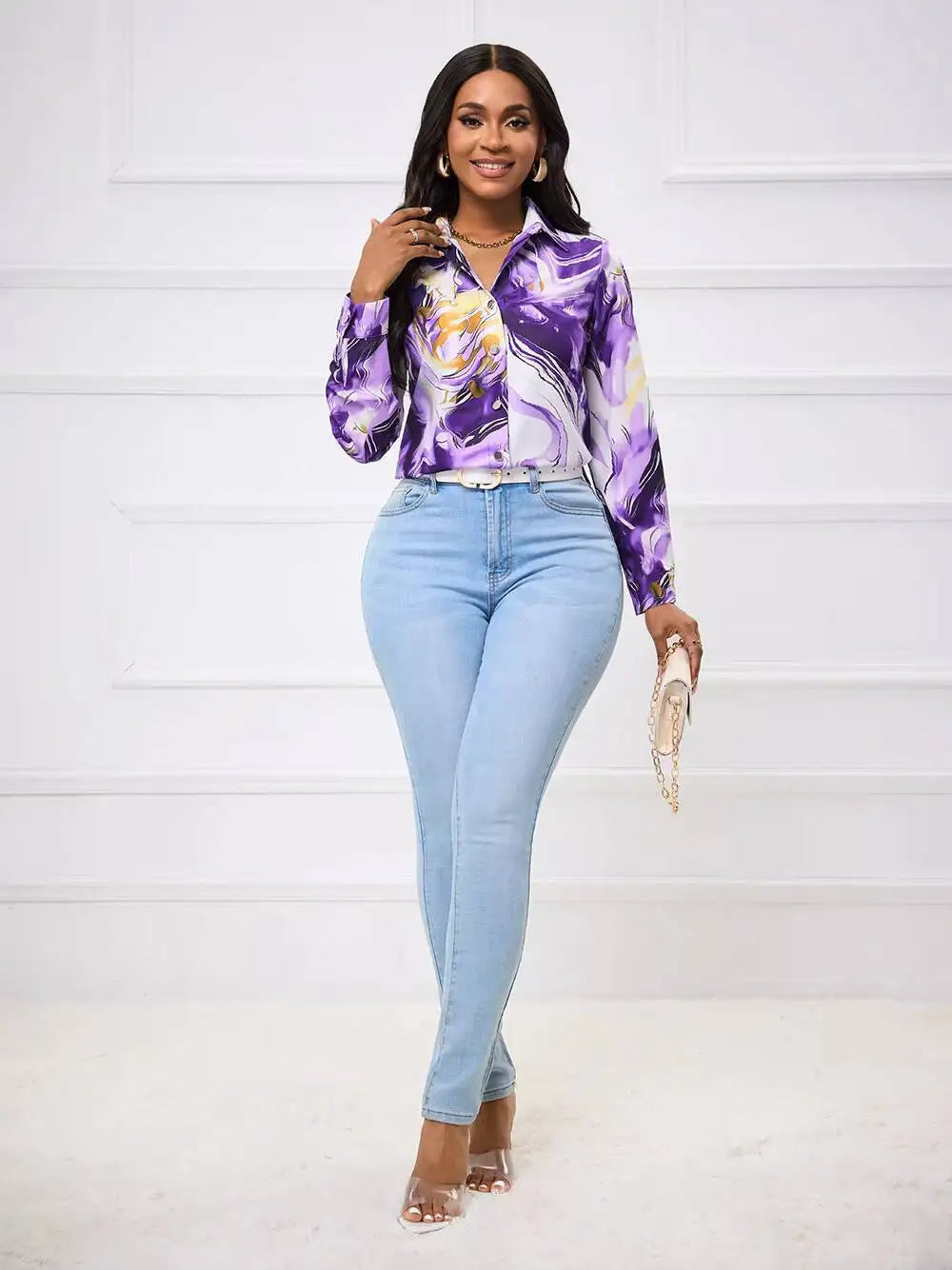 Satin Purple Gold Marble Print Collared Blouse